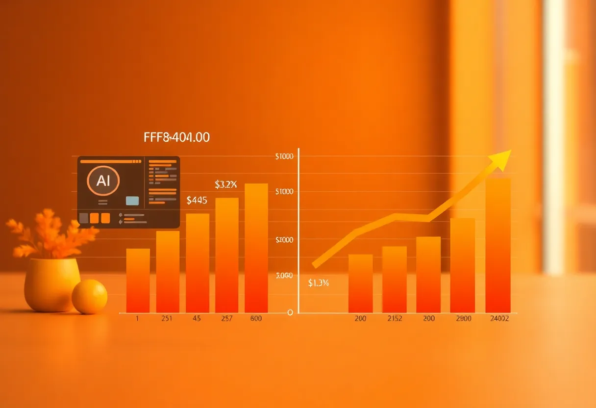 Detailed illustration of cost comparison chart with #FF8A00 gradient bars showing budget allocation, AI platform interface on left with lower cost indicators, traditional development team on right with higher cost indicators, financial growth arrows, clean flat design, professional minimalist, no text, no words, no letters, no numbers, no typography, no labels, no signs