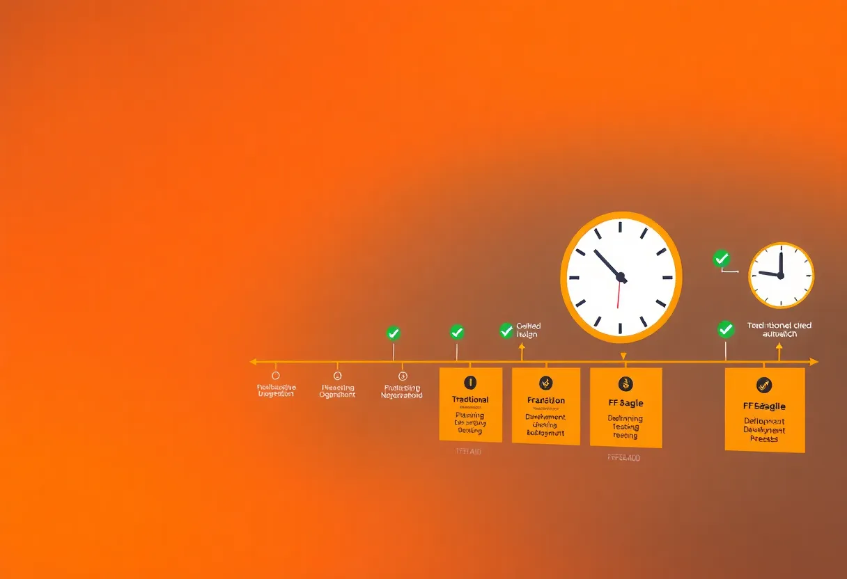 Timeline visualization showing development phases: left side traditional waterfall with multiple long phases (planning, design, development, testing, deployment), right side rapid agile cycles with AI automation, clock and calendar elements, color: dominant #FF8A00 with green checkmarks and progress indicators, style: clean flat design illustration, professional, minimalist, no text, no words, no letters, no numbers, no typography, no labels, no captions, no signs with writing
