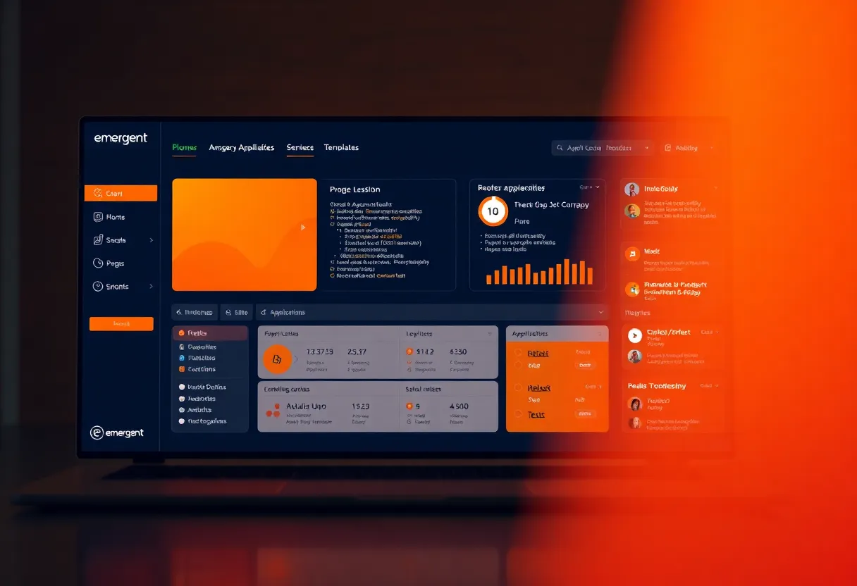 Emergent platform dashboard showing AI-powered application builder with drag-and-drop interface, natural language code generation, multiple application templates, user-friendly workspace with #FF8A00 primary color scheme, clean flat design illustration, professional minimalist aesthetic, no text, no words, no letters, no numbers, no typography, no labels, no captions