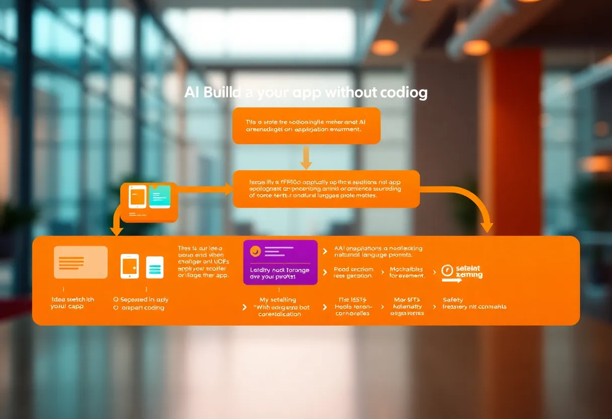 A step-by-step visual workflow showing the process of building an app without coding: from idea sketch to final application launch, with AI-generated code blocks and natural language prompts, colorful workflow diagram with arrows and milestones + scene: digital development environment with modern UI elements + color: dominant #FF8A00 orange with teal and purple accents, clean gradients + style: clean flat design illustration, professional, minimalist + safety: absolutely no text, no words, no letters, no numbers, no typography, no labels, no captions, no signs with writing