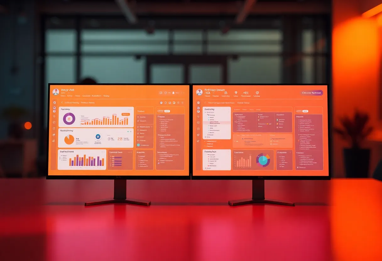 Side-by-side comparison of two no-code development platforms with visual workflow builders, showing AI-assisted code generation versus traditional visual builders, scene: split-screen tech dashboard with development tools and interface elements, color: dominant #FF8A00 orange with contrasting blue and purple accents, style: clean flat design illustration, professional, minimalist, no text, no words, no letters, no numbers, no typography, no signs, no labels