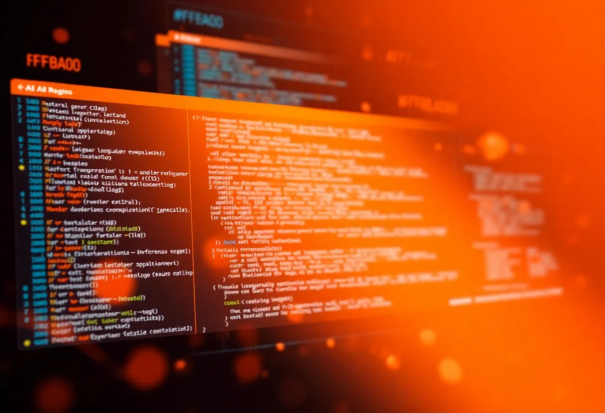 AI-powered code generation process showing natural language instructions being transformed into functional application code, developer interface with AI suggestions and automated workflows, digital transformation visualization with orange and tech elements, color: dominant #FF8A00 tones with gradient overlays, style: clean flat design illustration, professional, minimalist, no text, no words, no letters, no numbers, no typography, no signs, no labels