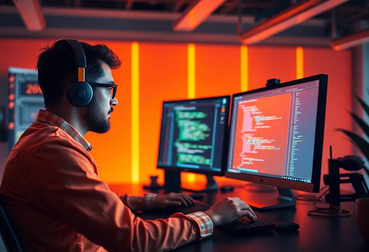 Developer working on low-code platform with visual components, code snippets, and custom logic blocks visible in workspace, modern startup tech environment with multiple monitors, color: dominant #FF8A00 orange with tech blue accents and gradients, style: clean flat design illustration, professional, minimalist, no text, no words, no letters, no numbers, no typography, no labels, no captions, no signs with writing