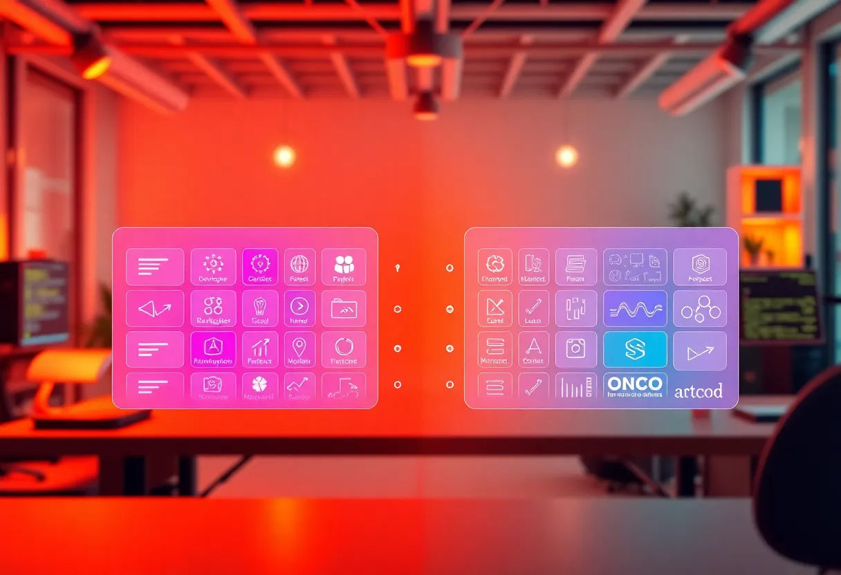 Side-by-side comparison visualization of low-code and no-code platforms with feature icons, developer tools, and application building blocks, modern tech workspace setting, color: dominant #FF8A00 with purple and teal accents, style: clean flat design illustration, professional, minimalist, no text, no words, no letters, no numbers, no typography, no signs, no labels