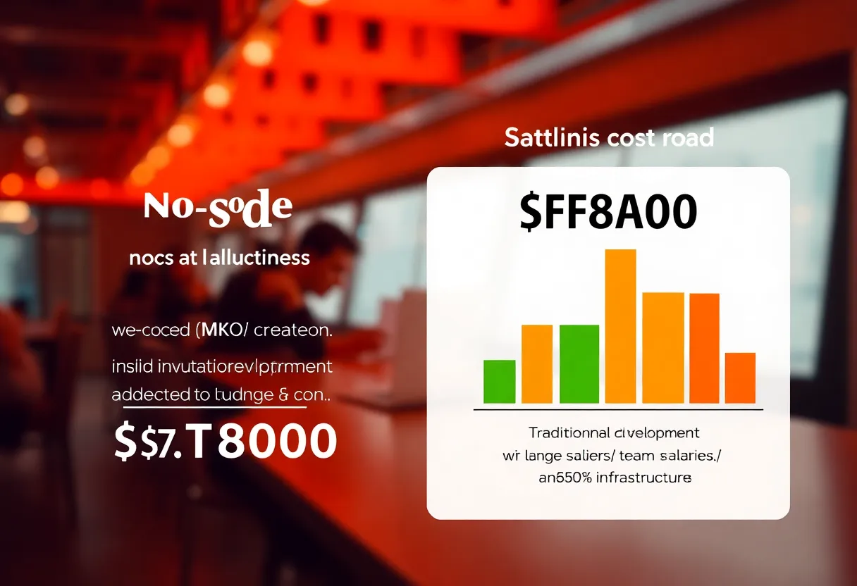 Detailed cost comparison visualization showing budget allocation: no-code platform with minimal investment flowing into rapid MVP creation, traditional development with large team salaries and infrastructure costs, color: dominant #FF8A00 with green and red accent tones, style: clean flat design illustration, professional, minimalist, no text, no words, no letters, no numbers, no typography, no signs, no labels
