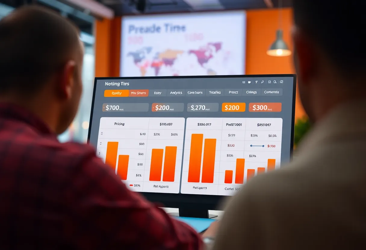 Focused professional illustration showing pricing comparison charts and cost analysis for no-code platforms, with visual representation of different price tiers and value propositions, business analytics dashboard aesthetic, dominant #FF8A00 orange with gradient accents, clean flat design style, minimalist professional appearance, no text, no words, no letters, no numbers, no typography, no labels, no captions, no signs with writing
