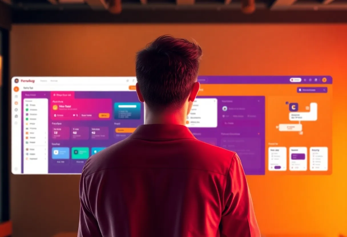 Different no-code platform interfaces displayed side by side showing web builder, automation workflow, and mobile app creation tools, entrepreneur comparing options on dashboard, color: dominant #FF8A00 orange with purple and teal accents, style: clean flat design illustration, professional, minimalist, no text, no words, no letters, no numbers, no typography, no signs, no labels