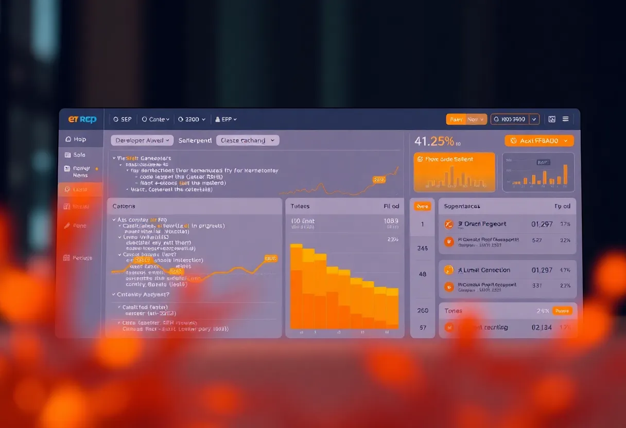 Real-time SERP analysis dashboard showing code optimization metrics, automated content generation workflow with AI suggestions, developer tools interface with orange #FF8A00 highlights on key metrics and buttons, clean flat design illustration, professional minimalist style, no text, no words, no letters, no numbers, no typography, no labels, no captions, no signs with writing