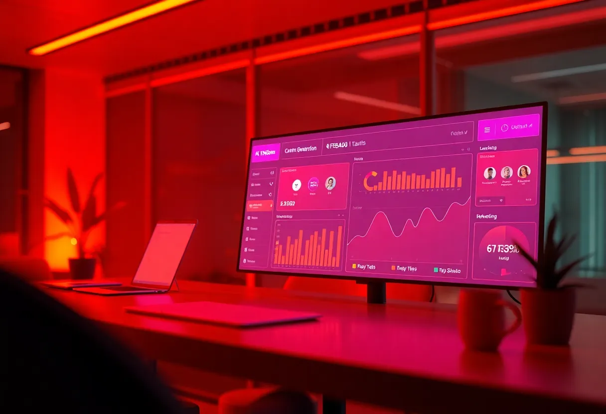 Enterprise AI content generation dashboard with automated copywriting workflows, marketing automation tools, team collaboration interface, color: dominant #FF8A00 tones with purple and white accents, style: clean flat design illustration, professional minimalist, no text, no words, no letters, no numbers, no typography, no labels, no captions, no signs with writing