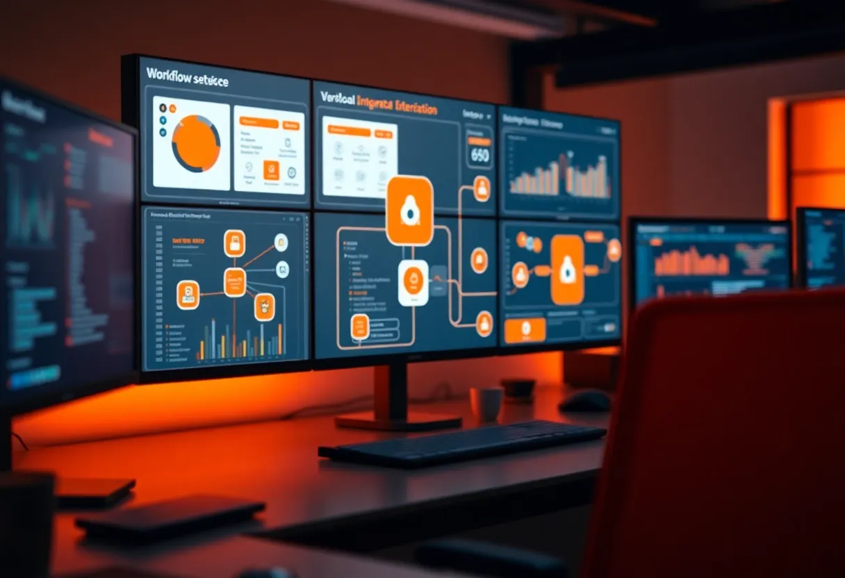 Workflow automation dashboard showing connected app integrations and data flow between platforms, colorful integration nodes with orange #FF8A00 highlights, modern tech workspace with multiple screens, clean flat design illustration, professional minimalist aesthetic, no text, no words, no letters, no numbers, no typography, no labels, no captions, no signs with writing