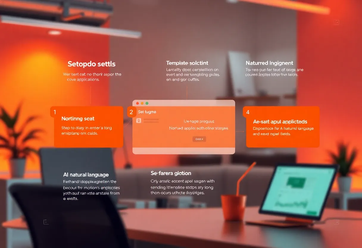 A step-by-step visual guide showing a beginner setting up a no-code application, with interface elements like drag-and-drop builders, template selection, and AI natural language input fields, in a modern digital workspace with Emergent platform elements, color: dominant #FF8A00 tones with orange highlights and gradients, style: clean flat design illustration, professional, minimalist, no text, no words, no letters, no numbers, no typography, no labels, no captions, no signs with writing