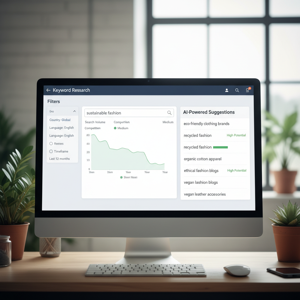 Keyword research interface with AI suggestions