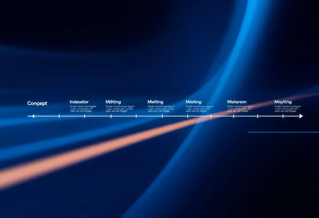 Timeline visualization showing accelerated product development cycle with milestones and checkpoints, software development phases progressing rapidly from concept to launch, digital product roadmap with sprint cycles, color: dominant #0042aa with gradient transitions to lighter blues and white, professional flat design illustration with clean geometric timeline elements, minimalist style, no text, no words, no letters, no numbers, no typography, no labels, no signs