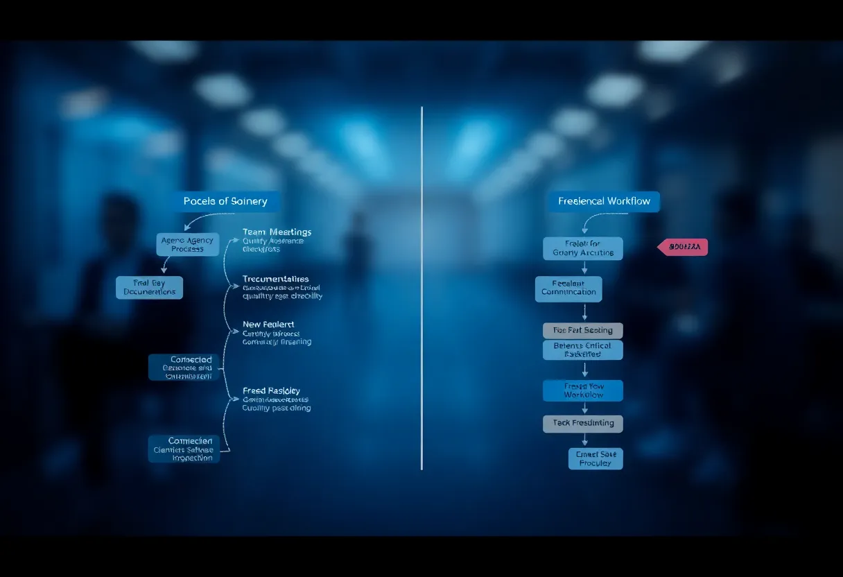 Detailed comparison visualization showing two parallel development workflows: left path shows structured agency process with team meetings, documentation, quality assurance checkpoints, and project milestones clearly marked, right path shows freelancer workflow with individual coding sessions and direct client communication, both paths leading to a finished software product, color: dominant #0042aa with accent colors for different workflow stages, professional flat design illustration, clean process flow diagram style, no text, no words, no letters, no numbers, no typography, no labels, no captions, no signs with writing