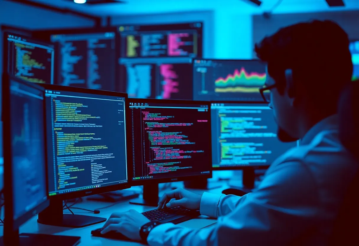 Quality assurance and testing scene: developer reviewing code on multiple monitors with testing frameworks visible, quality metrics dashboard in background, team collaboration environment with code review process, color: dominant #0042aa with accent colors for success/pass indicators, style: clean flat design illustration, professional, minimalist, no text, no words, no letters, no numbers, no typography, no labels, no captions, no signs with writing