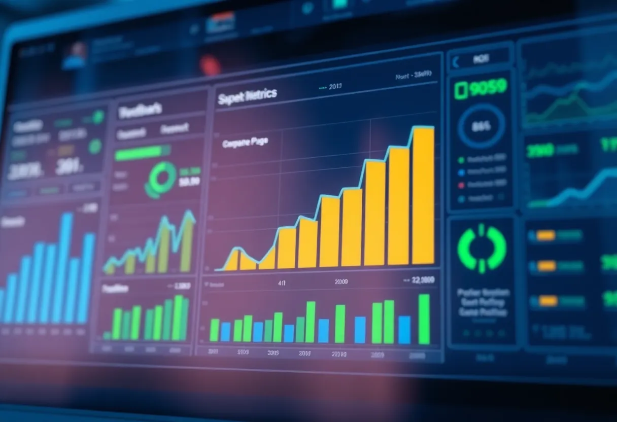 Business metrics dashboard showing ROI improvement and cost reduction graphs, automated workflow efficiency gains visualization, company growth metrics with process optimization indicators, color: dominant #0042aa with green accent tones for positive metrics, style: clean flat design illustration, professional, minimalist, no text, no words, no letters, no numbers, no typography, no signs, no labels