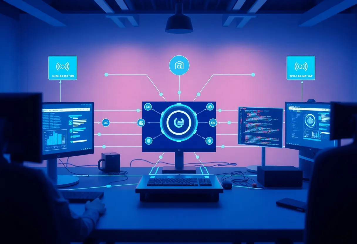 Custom software development process visualization showing developer workspace with multiple integrated systems connecting through central hub, data flowing between modules in blue (#0042aa) gradients, clean flat design illustration, professional minimalist aesthetic, no text, no words, no letters, no numbers, no typography, no labels, no captions, no signs with writing