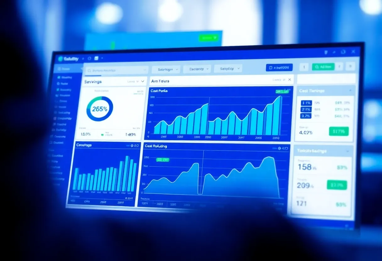 Financial dashboard showing cost reduction metrics and ROI calculations with upward trending graphs + business analytics interface with automated reporting system + color: dominant #0042aa with green accent indicators for savings, white backgrounds + style: clean flat design illustration, professional, minimalist + safety: absolutely no text, no words, no letters, no numbers, no typography, no labels, no captions, no signs with writing