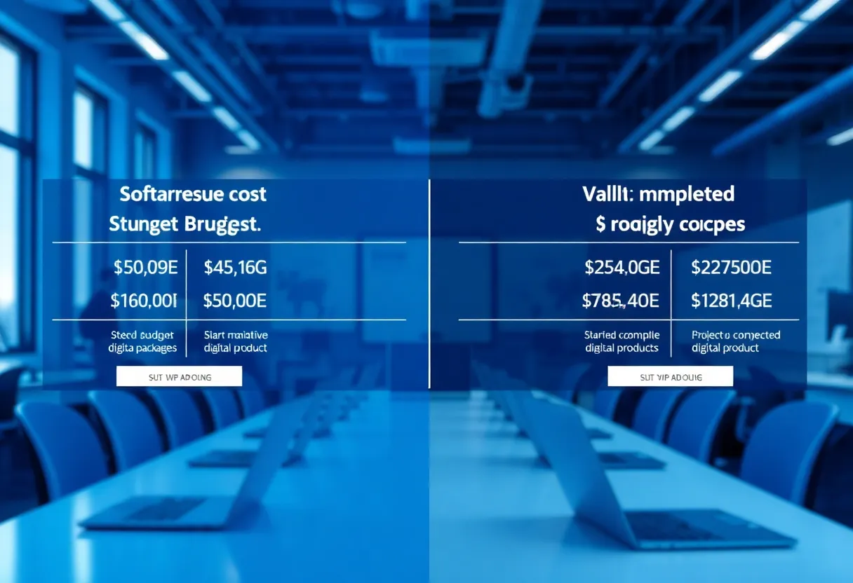 Software development cost comparison visualization showing two distinct paths: left side displays fixed budget packages with clear price tags and structured timeline, right side shows variable hourly rates with flexible scope adjustments, both paths leading to completed digital product, scene set in modern tech office environment with laptops and project management boards, color: dominant #0042aa with white and light gray accents, style: clean flat design illustration, professional, minimalist, no text, no words, no letters, no numbers, no typography, no labels, no captions, no signs with writing