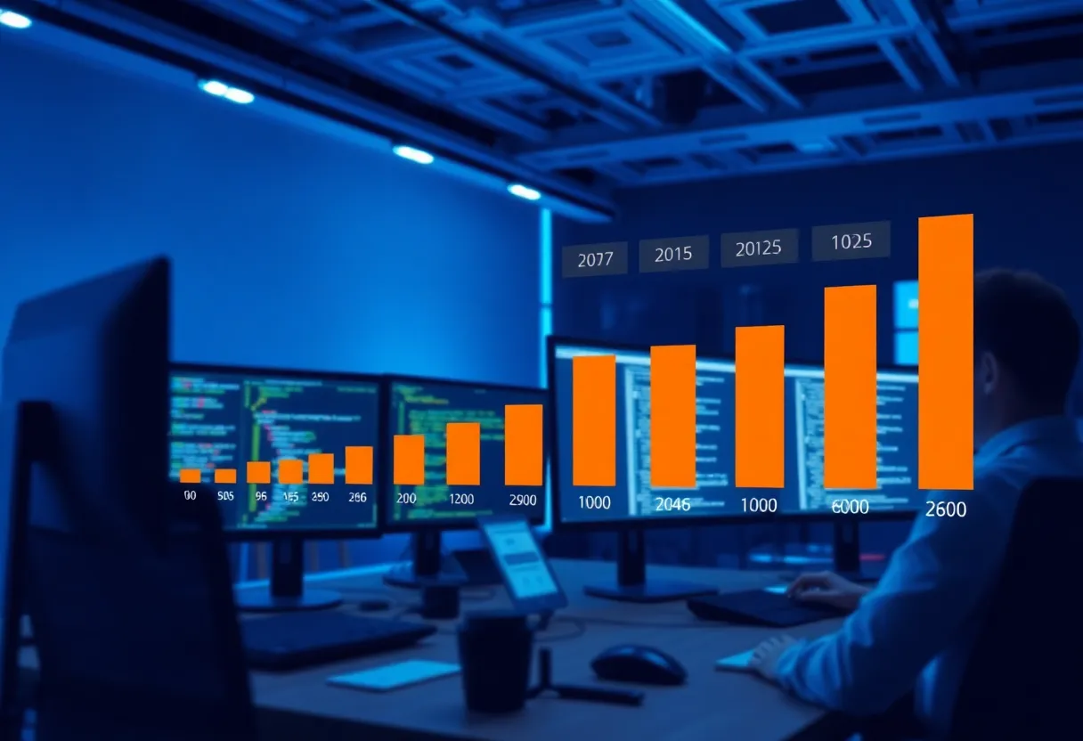 Variable cost software development scenario showing hourly rate meter increasing with project complexity, developer team working on iterative sprints with changing requirements, timeline extending with scope adjustments, modern development workspace with multiple monitors displaying code and project tracking tools, color: dominant #0042aa with orange accent indicators for cost increases, style: clean flat design illustration, professional, minimalist, no text, no words, no letters, no numbers, no typography, no labels, no captions, no signs with writing