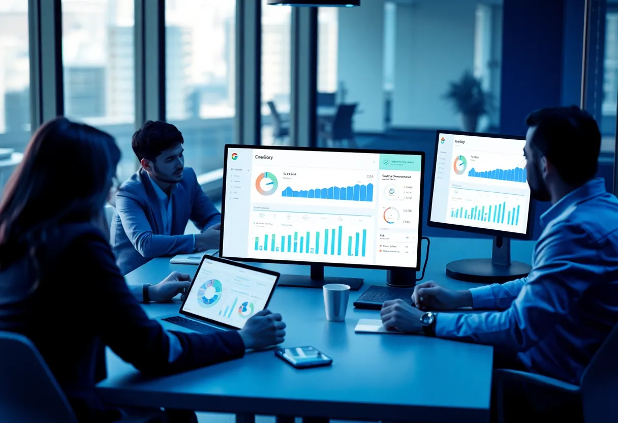 Ready-made CRM dashboard interface being deployed on multiple business devices (laptop, tablet, mobile phone) in a modern PME office environment with team members collaborating around a table; showing quick implementation timeline with checkmarks and progress indicators; color: dominant #0042aa with white, light blue and green accents for success states; clean flat design illustration, professional minimalist style; no text, no words, no letters, no numbers, no typography, no labels, no captions, no signs with writing
