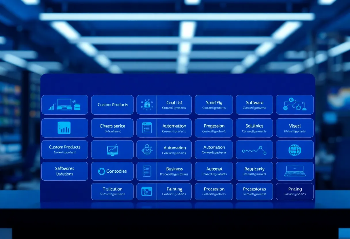 Different software development service offerings displayed as organized categories: custom products, SaaS platforms, automation solutions, business process optimization, modern tech stack visualization, blue #0042aa dominant color with professional accents, clean flat design illustration, minimalist style, no text, no words, no letters, no numbers, no typography, no labels, no signs