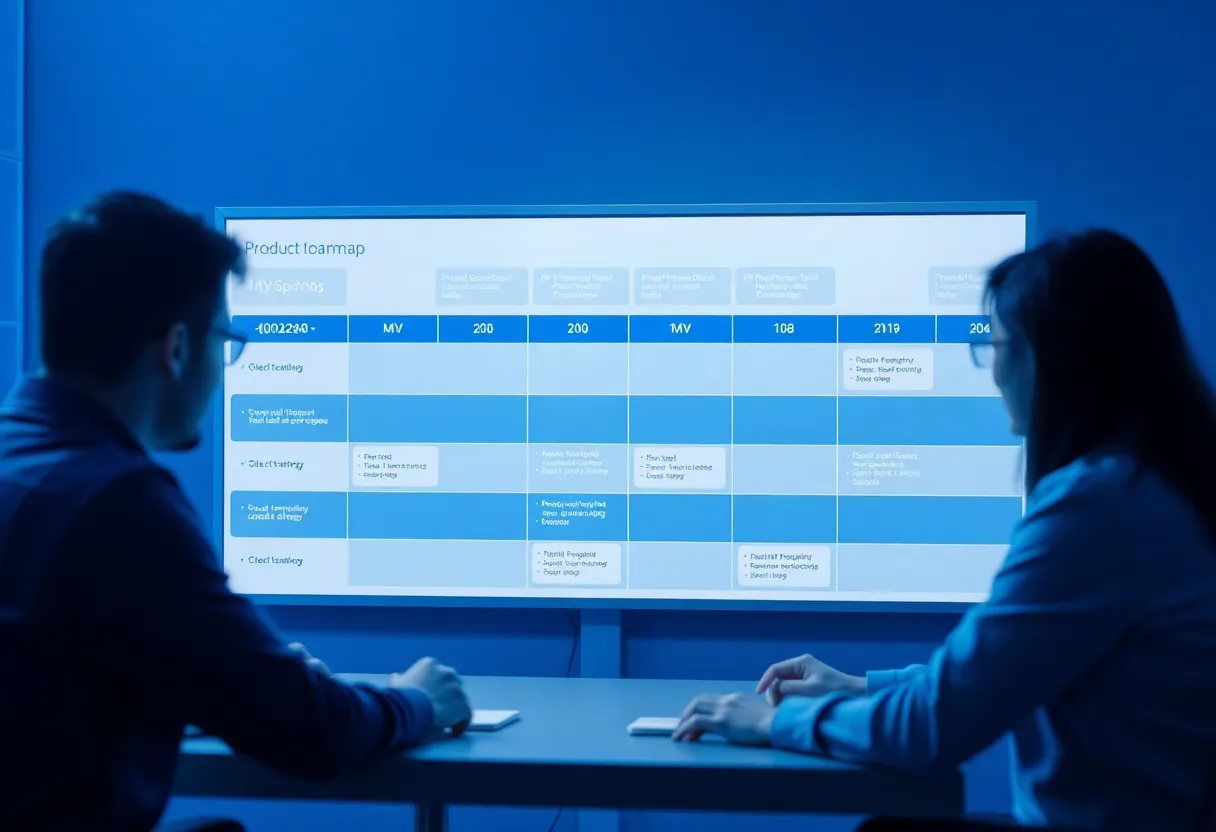 Product development roadmap with MVP milestones, agile sprint planning board, feature prioritization matrix, development team collaborating on product strategy, blue #0042aa color scheme with white and light gray accents, clean flat design illustration, professional minimalist aesthetic, no text, no words, no letters, no numbers, no typography, no labels, no captions, no signs with writing