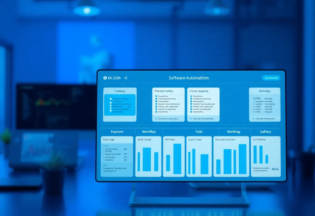 Different business process categories being automated simultaneously across departments + software solutions dashboard showing multiple workflow automations + color: dominant #0042aa with accent colors for different process types, clean gradients + style: clean flat design illustration, professional, minimalist + safety: absolutely no text, no words, no letters, no numbers, no typography, no labels, no captions, no signs with writing