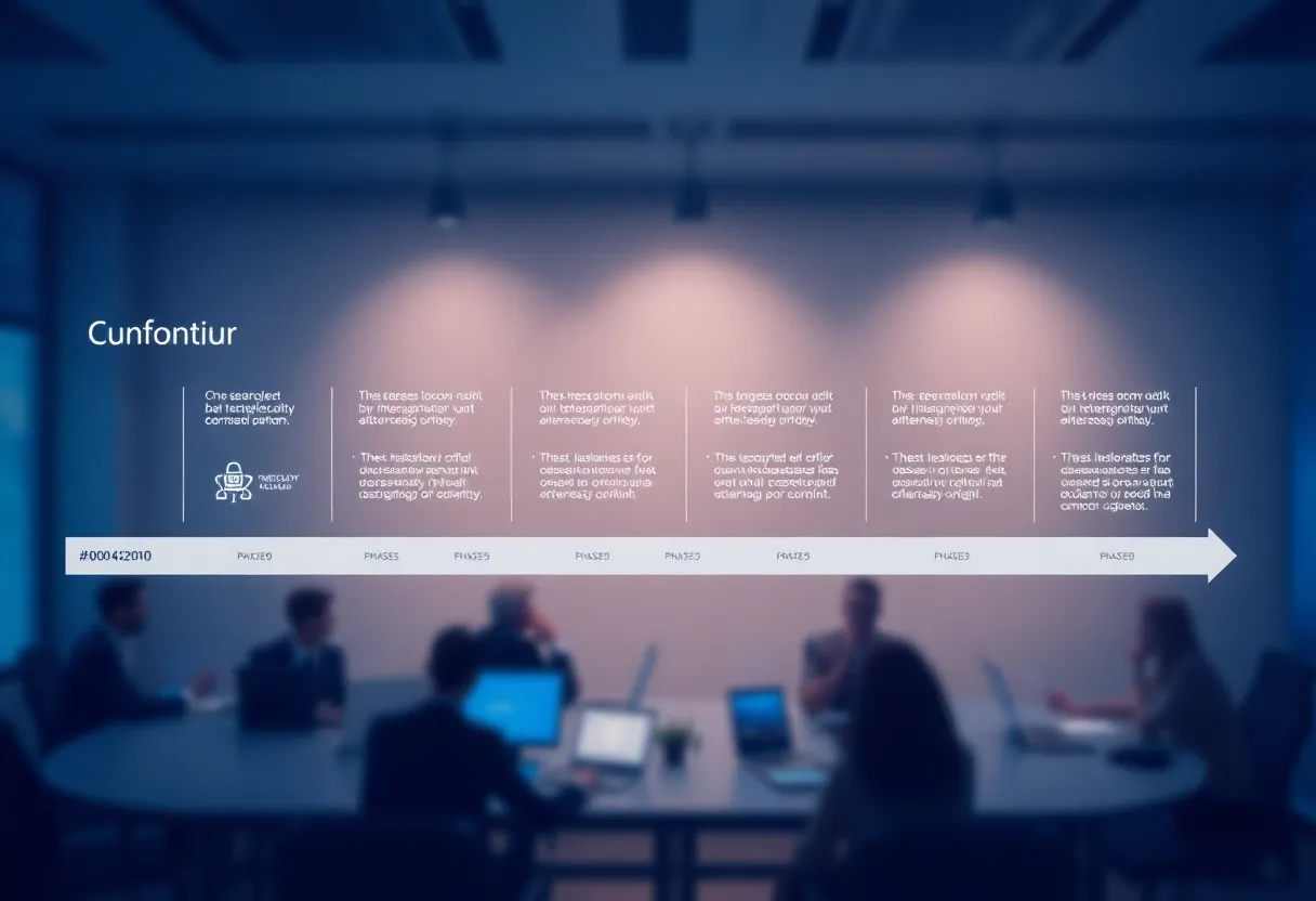 Project implementation roadmap with phases and milestones, showing business process automation tools and integration points, team collaboration on digital transformation + color: dominant #0042aa tones with accent colors for different phases + style: clean flat design illustration, professional, minimalist + safety: absolutely no text, no words, no letters, no numbers, no typography, no labels, no captions, no signs with writing