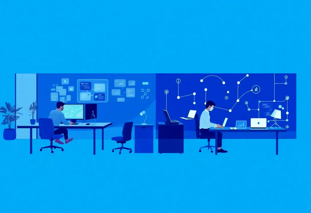 Split-screen panoramic illustration showing left side: internal software development team working in modern office with desks, computers, and collaboration boards + right side: remote outsourcing team across different locations with laptops and digital connection lines + color: dominant #0042aa with white and light gray accents, gradient background from blue to light blue + style: clean flat design illustration, professional, minimalist + no text, no words, no letters, no numbers, no typography, no labels, no captions, no signs with writing