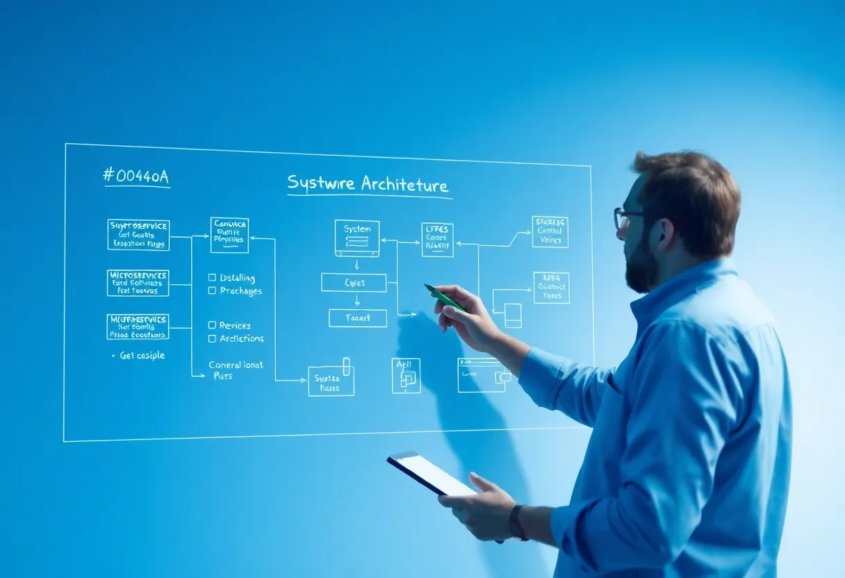 Software architect designing system architecture with microservices, database schemas, API endpoints, and cloud deployment infrastructure on digital whiteboard, blue #0042aa dominant color with gradient accents, clean flat design illustration, professional minimalist style, no text, no words, no letters, no numbers, no typography, no labels, no captions, no signs with writing