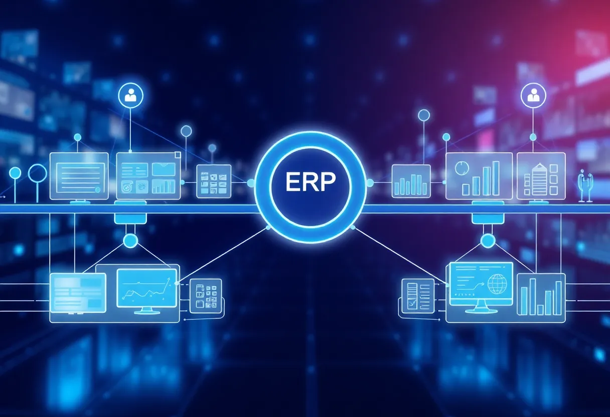 Enterprise software integration ecosystem with ERP and CRM modules connecting through automated bridges, data synchronization flows, business intelligence dashboards, blue (#0042aa) color scheme with professional gradients, clean flat design illustration, minimalist corporate aesthetic, 3:2 composition, no text, no words, no letters, no numbers, no typography, no labels, no captions, no signs with writing