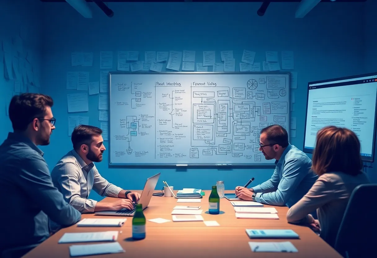 Developer team at desk surrounded by overflowing feature lists, sticky notes, and complex architecture diagrams on whiteboard, with confused expressions and tangled code visualizations floating around, contrasted with a clean minimal interface mockup in corner, color: dominant #0042aa with red accent highlights for complexity, style: clean flat design illustration, professional minimalist, no text, no words, no letters, no numbers, no typography, no labels, no captions, no signs with writing