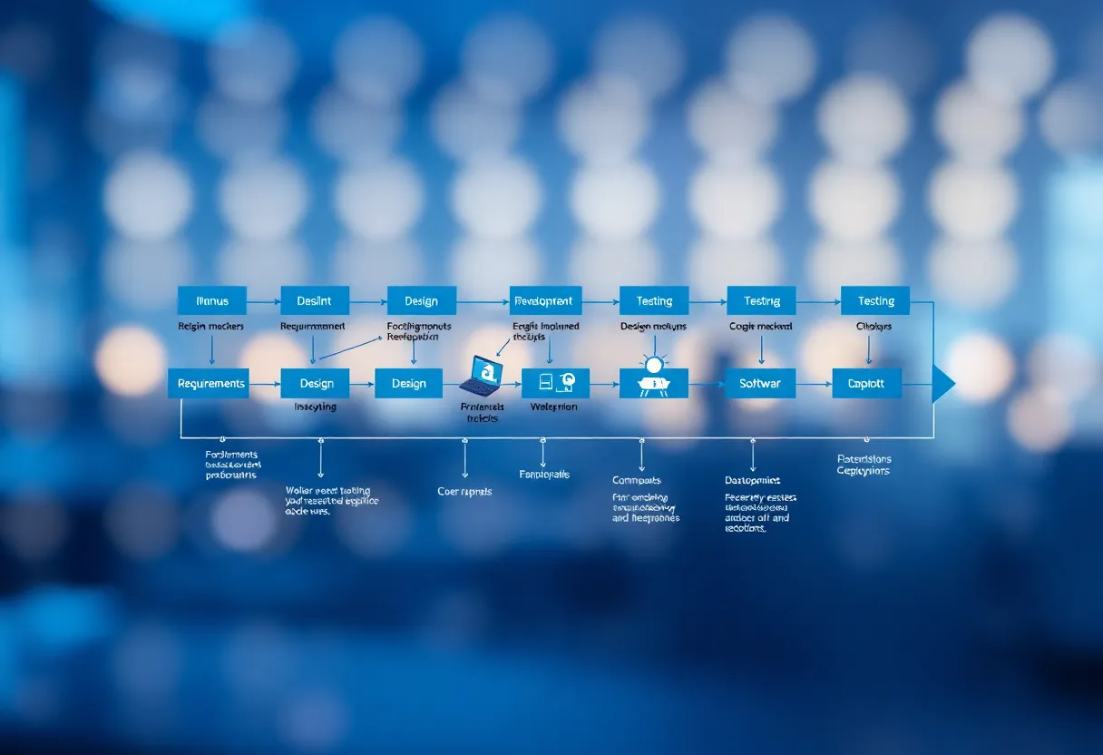 Detailed software development lifecycle diagram showing sequential phases: requirements gathering, design, development, testing, deployment, each phase represented by distinct visual elements like documents, design mockups, code editors, testing checkpoints, organized in a waterfall-style flow, color: dominant #0042aa with gradient transitions between phases, style: clean flat design illustration, professional minimalist, no text, no words, no letters, no numbers, no typography, no labels, no captions, no signs with writing