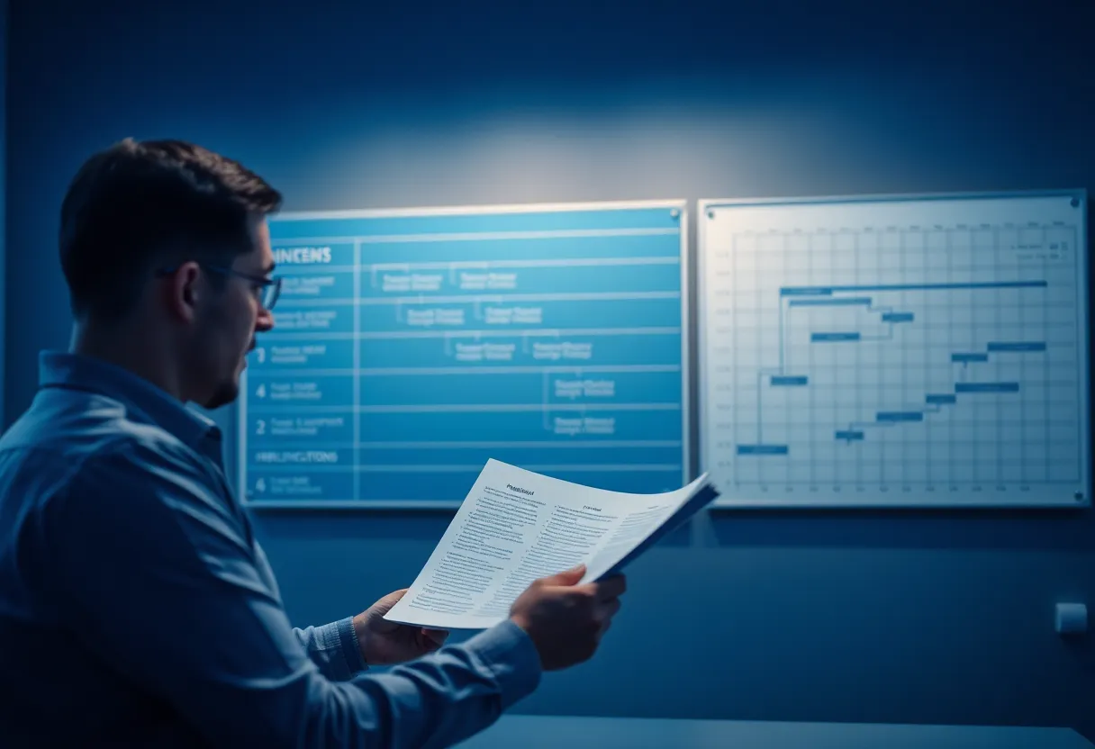 Traditional waterfall software development methodology showing sequential phases: requirements, design, implementation, testing, deployment in linear flow, project manager reviewing detailed specifications document, Gantt chart on wall, color: dominant #0042aa blue with professional gray and white elements, style: clean flat design illustration, minimalist professional, no text, no words, no letters, no numbers, no typography, no labels, no captions, no signs with writing