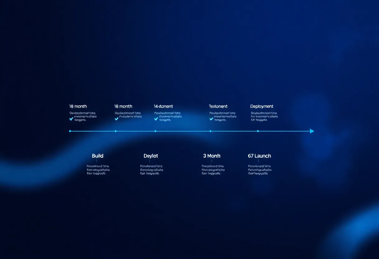 Timeline visualization showing two parallel development paths: top path shows 18-month build journey with development phases, testing, deployment milestones marked with checkpoints in blue #0042aa, bottom path shows 3-month buy implementation with faster progression, both paths converging at launch point, clean flat design illustration, professional minimalist style, no text, no words, no letters, no numbers, no typography, no labels, no captions, no signs with writing