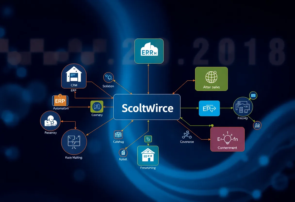 Diverse software solutions ecosystem visualization showing CRM, ERP, automation tools, and business intelligence platforms interconnected, colorful workflow diagrams with data flow arrows, modern tech stack representation, color: dominant #0042aa with accent colors for different solution types, style: clean flat design illustration, professional, minimalist, no text, no words, no letters, no numbers, no typography, no signs, no labels
