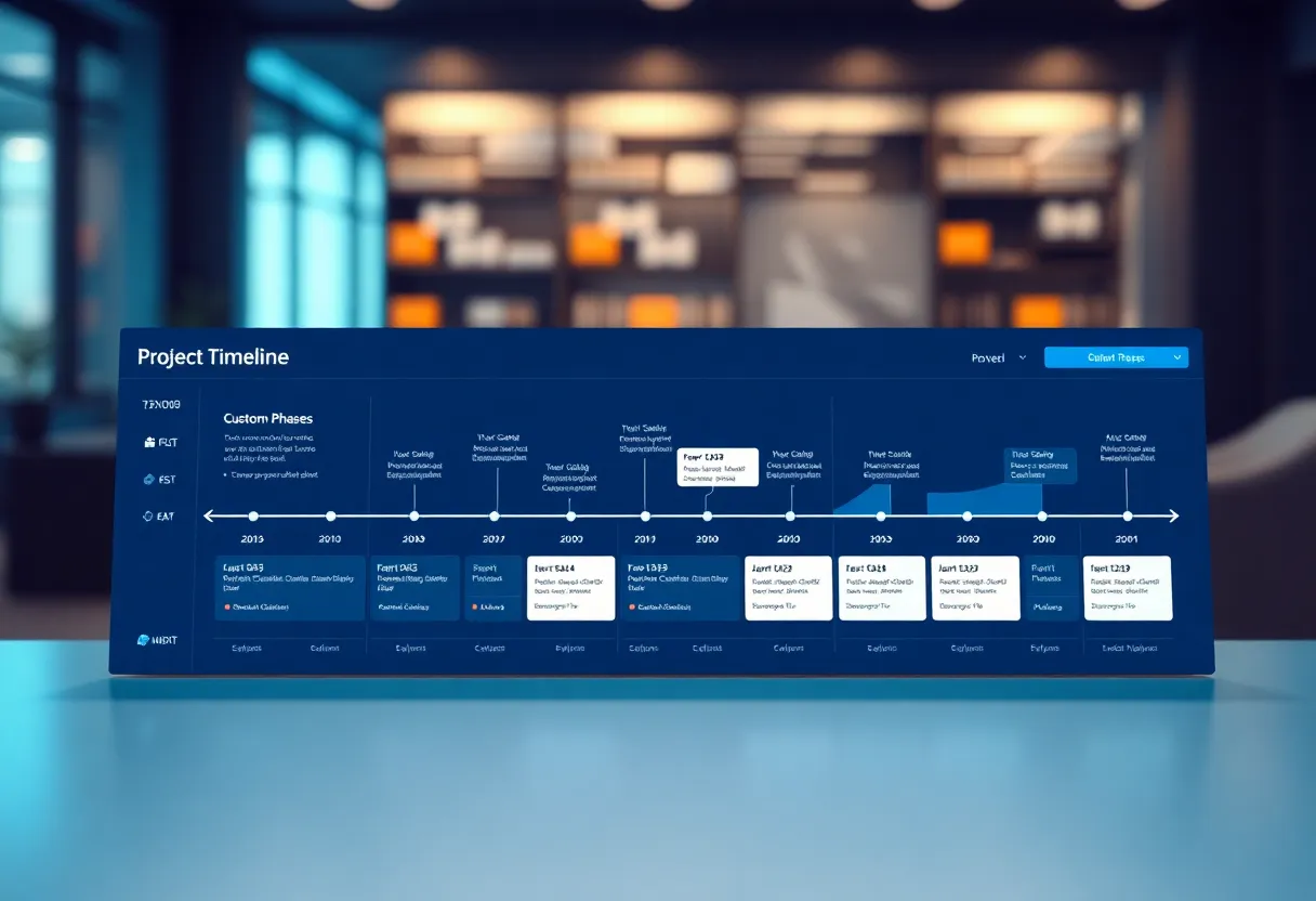 Project timeline visualization showing custom SaaS development phases versus generic solution deployment, with milestone markers, sprint cycles, and launch dates displayed on a modern dashboard interface, color: dominant #0042aa with gradient accents, style: clean flat design illustration, professional, minimalist, no text, no words, no letters, no numbers, no typography, no signs, no labels