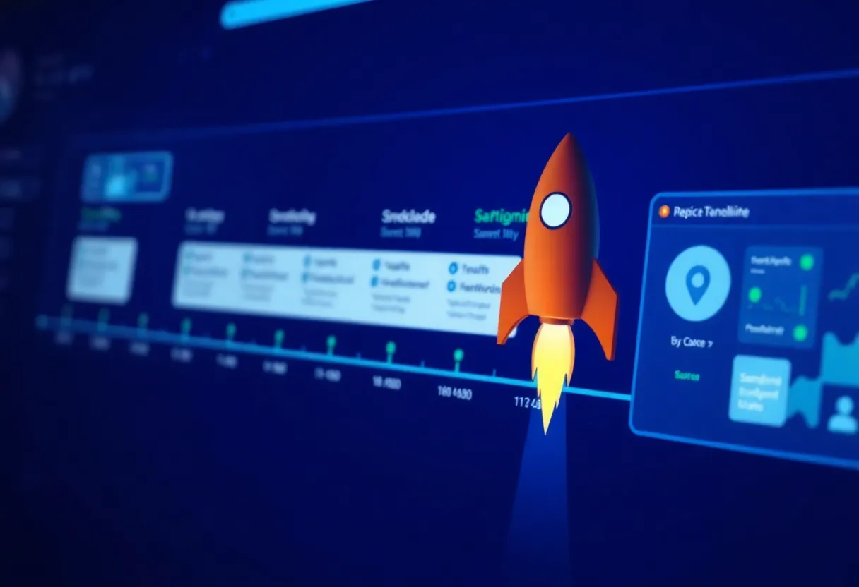 Focused scene showing a project timeline visualization with accelerated milestones and checkpoints, software development sprint boards with completed tasks, team collaboration tools interface, and a rocket icon symbolizing rapid launch, color: dominant #0042aa with green success accents and professional gradients, style: clean flat design illustration, minimalist professional, no text, no words, no letters, no numbers, no typography, no labels, no captions, no signs with writing