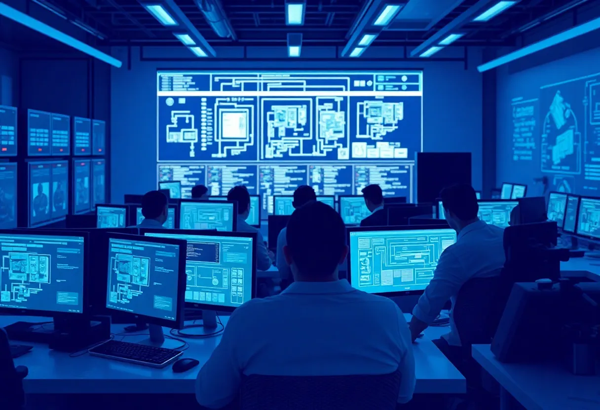 Enterprise software development team working on large-scale digital transformation project + multiple developers at workstations with complex system architecture diagrams visible + scene: corporate tech center with professional infrastructure and monitoring systems + color: dominant #0042aa with corporate gray and white accents, modern gradient + style: clean flat design illustration, professional, minimalist + safety: absolutely no text, no words, no letters, no numbers, no typography, no labels, no captions, no signs with writing