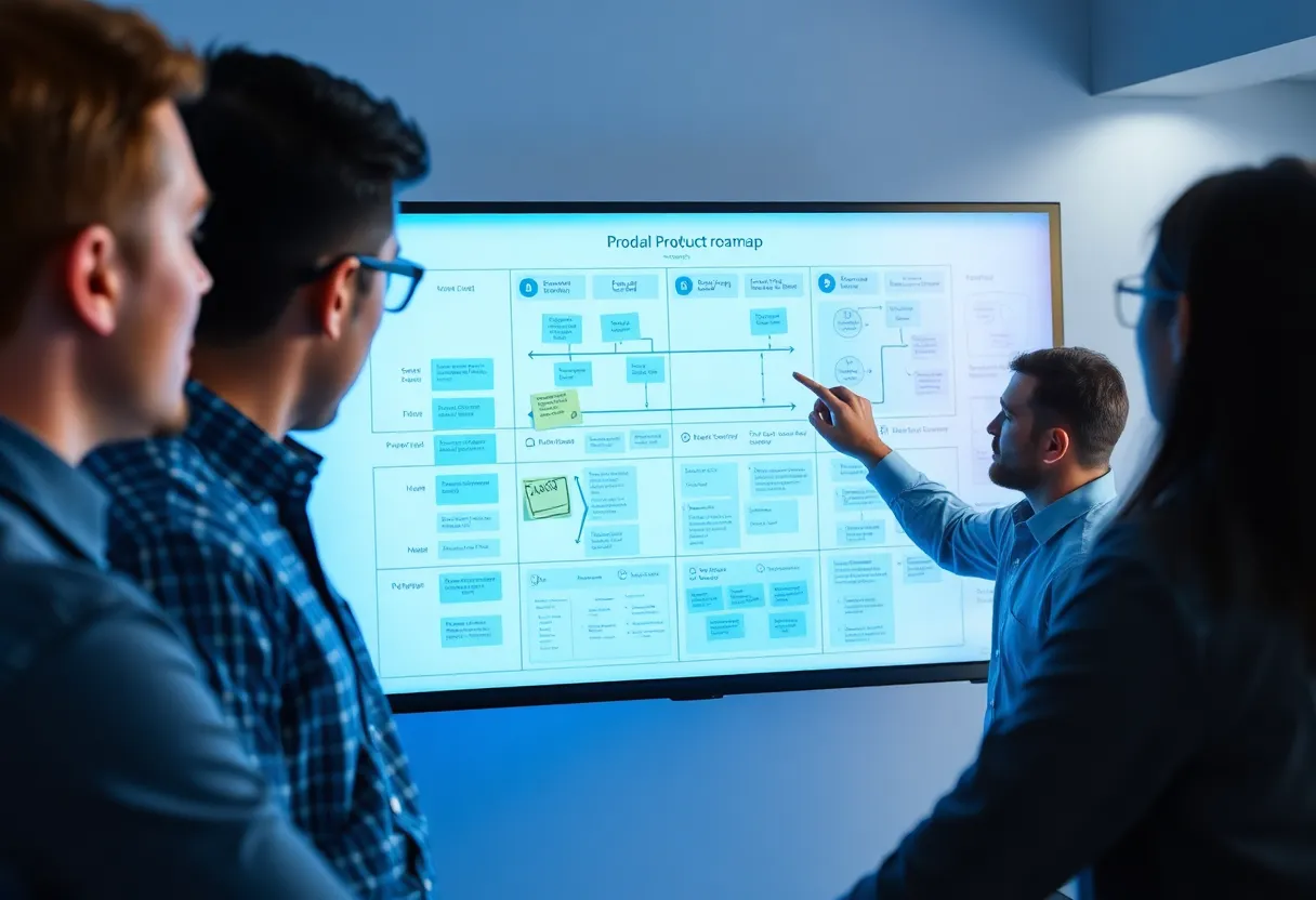 Close-up scene of a product development sprint board with sticky notes, a technical architect pointing at a digital product roadmap on a large monitor, team members reviewing SaaS platform architecture diagrams, blue #0042aa color scheme with accent highlights on key workflow elements, clean flat design illustration, professional minimalist style, no text, no words, no letters, no numbers, no typography, no labels, no signs