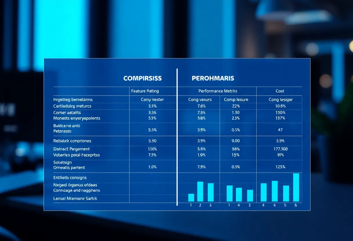 Comparison matrix visualization showing SaaS platforms side-by-side with feature ratings, performance metrics, and cost analysis for Romanian market, modern data visualization with charts and benchmarks, color: dominant #0042aa tones with accent colors for differentiation, style: clean flat design illustration, professional minimalist, no text, no words, no letters, no numbers, no typography, no labels, no captions, no signs with writing