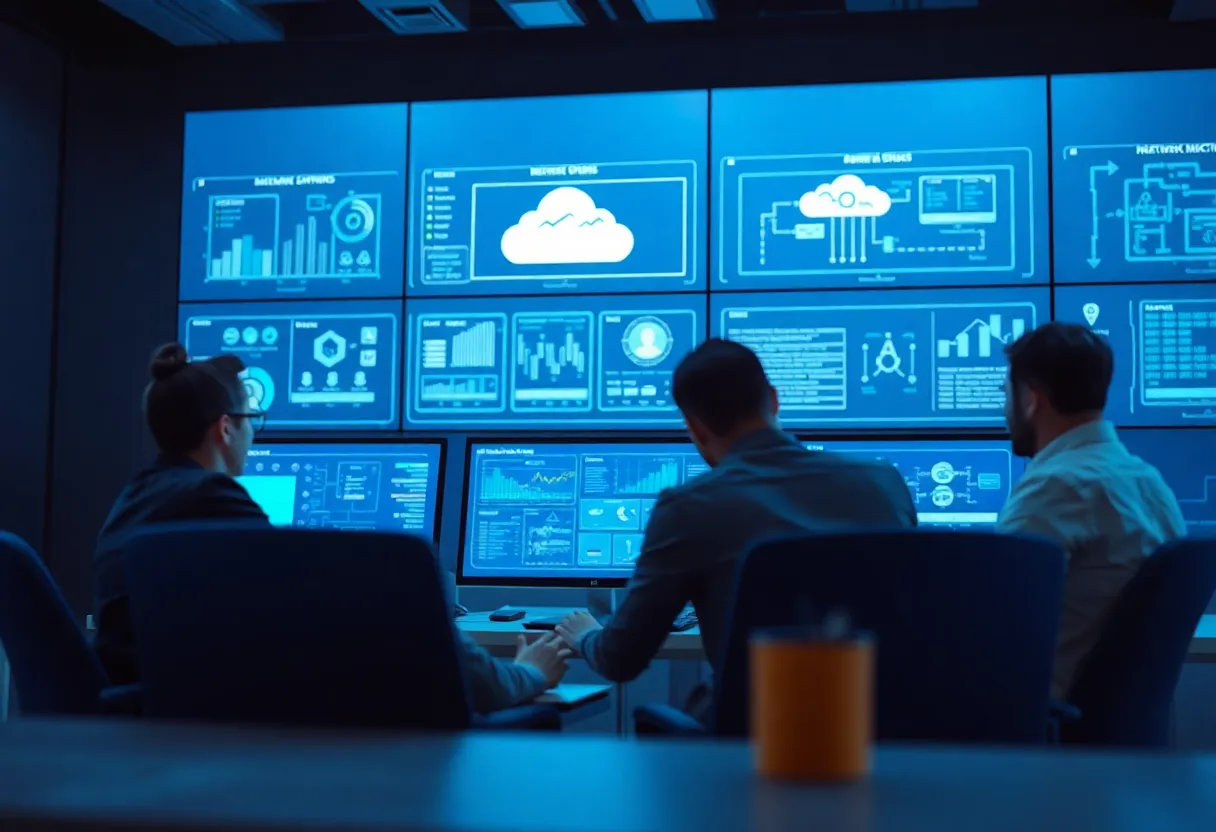 Focused view of enterprise software development team working on complex SaaS architecture, showing cloud infrastructure diagrams, API integrations, and distributed system components on digital displays, color: dominant #0042aa with professional blue gradients and white highlights, style: clean flat design illustration, professional, minimalist, no text, no words, no letters, no numbers, no typography, no labels, no captions, no signs with writing