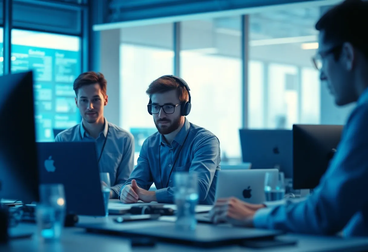 Focused professional scene showing enterprise software development team working on large-scale digital transformation projects, multiple developers and architects collaborating on complex systems, modern office with blue (#0042aa) color scheme, clean minimalist flat design illustration, professional corporate environment, no text, no words, no letters, no numbers, no typography, no signs, no labels