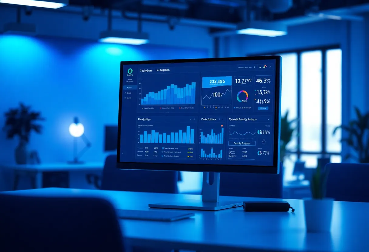 Digital marketing dashboard with analytics charts, keyword research interface, competitive analysis graphs displayed on modern monitor, startup office environment with blue #0042aa color scheme, clean flat design illustration, professional minimalist style, no text, no words, no letters, no numbers, no typography, no labels, no captions, no signs with writing