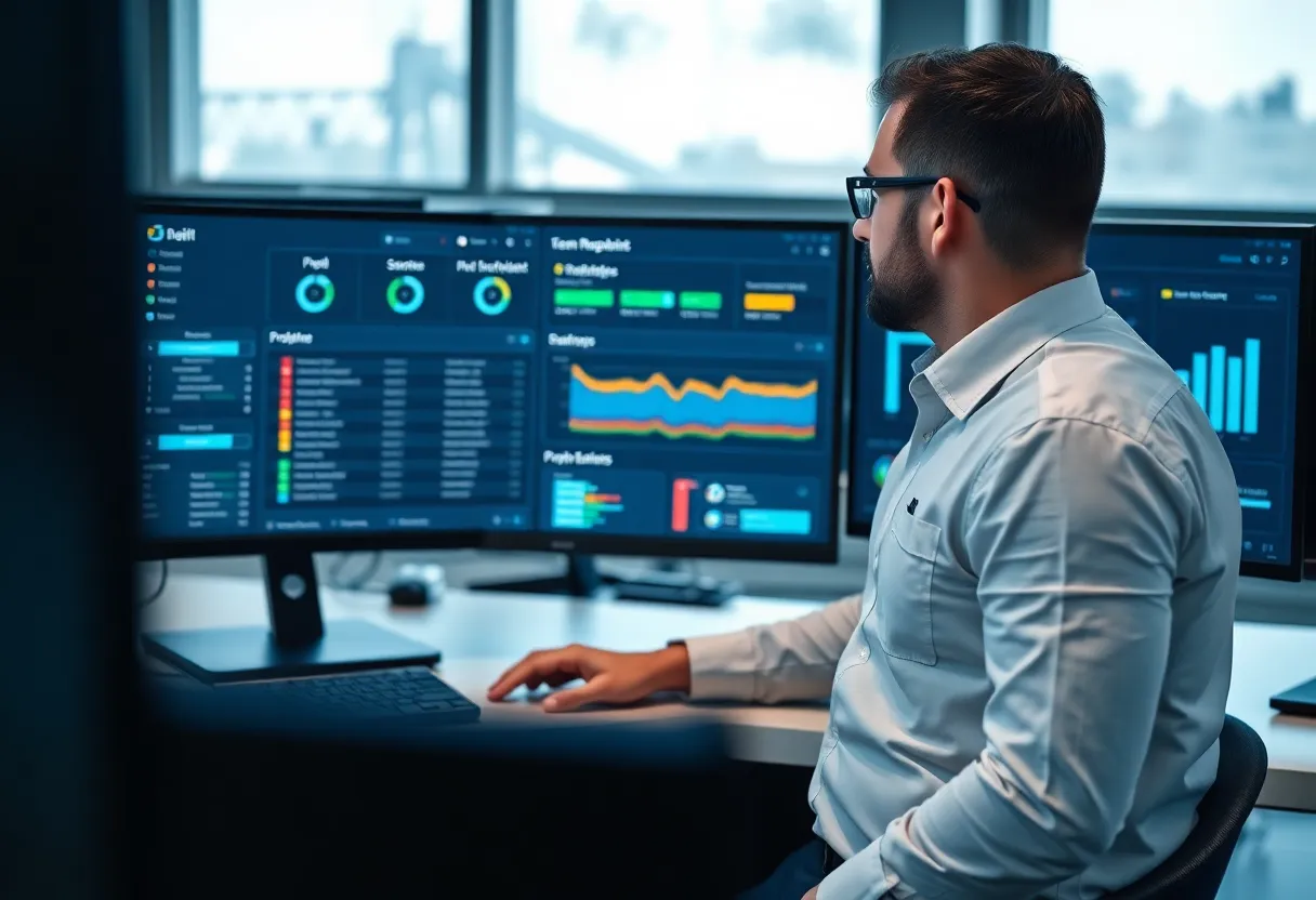 Project manager reviewing MVP development checklist with timeline, budget allocation, and team capacity planning on digital dashboard + modern office workspace with multiple monitors showing agile sprint tracking + color: dominant #0042aa tones with accent colors for priority levels and status indicators + style: clean flat design illustration, professional, minimalist + safety: absolutely no text, no words, no letters, no numbers, no typography, no labels, no captions, no signs with writing