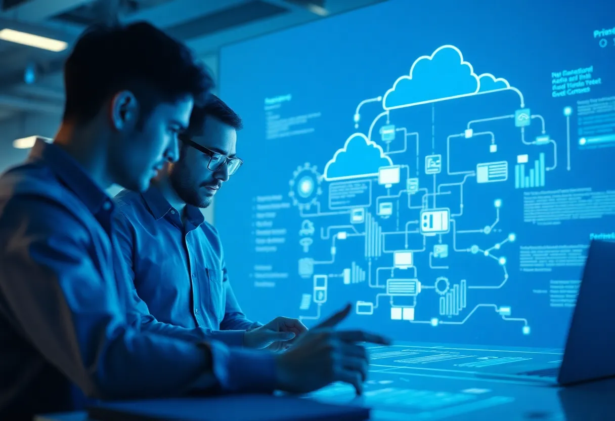 Software architects designing cloud-based platform architecture with digital transformation elements, blue #0042aa dominant color with gradient accents, clean flat design illustration, professional minimalist style, 3:2 composition focused on technical blueprint visualization, no text, no words, no letters, no numbers, no typography, no labels, no captions, no signs with writing