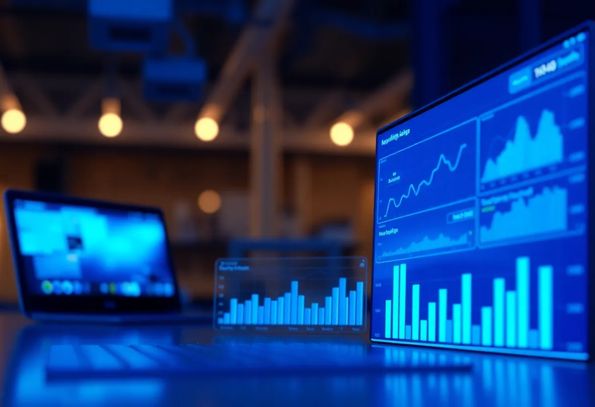 Competitive analysis dashboard with keyword rankings, backlink data visualization, and market positioning charts in blue #0042aa theme, startup growth metrics displayed, clean flat design illustration, professional minimalist style, no text, no words, no letters, no numbers, no typography, no labels, no captions, no signs with writing