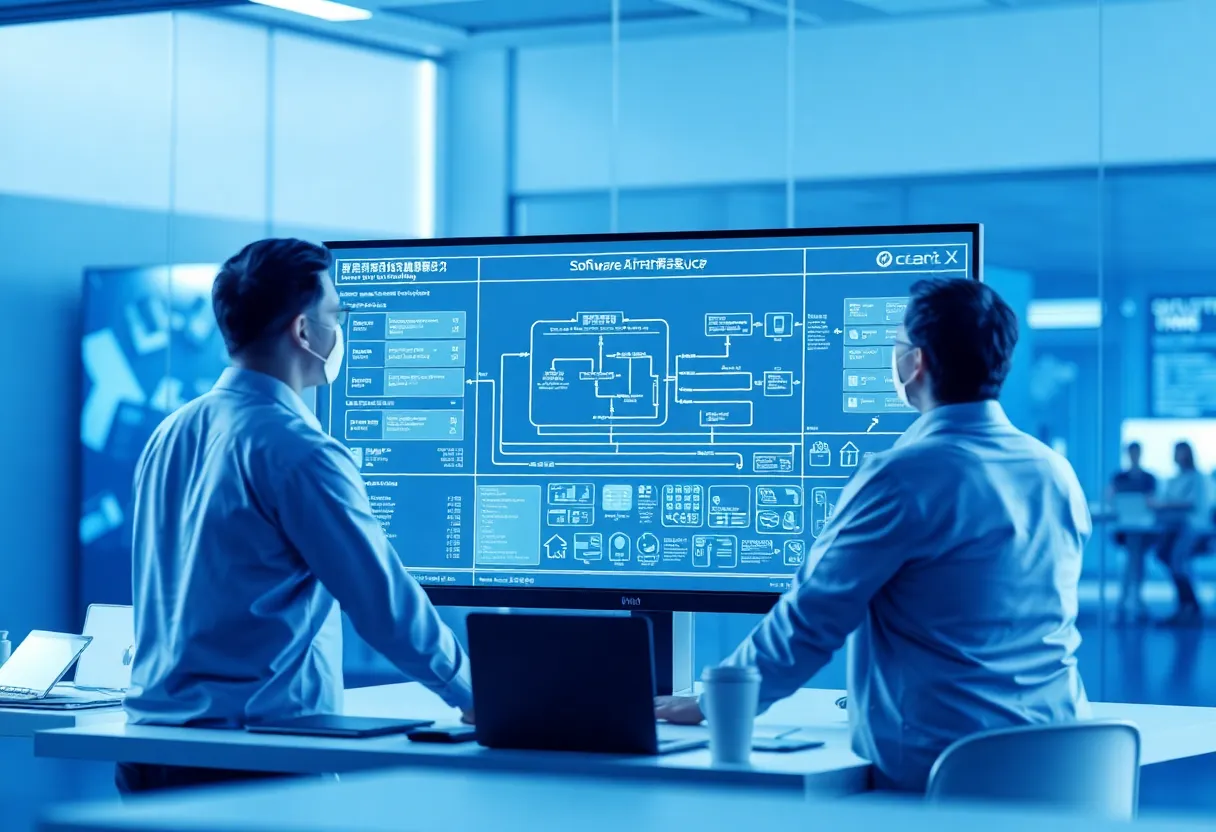 Software architect designing scalable cloud infrastructure with microservices diagram, technical team reviewing architecture on large monitor, modern tech workspace with blue and white color scheme, color: dominant #0042aa tones with white accents and gradients, style: clean flat design illustration, professional, minimalist, no text, no words, no letters, no numbers, no typography, no signs, no labels