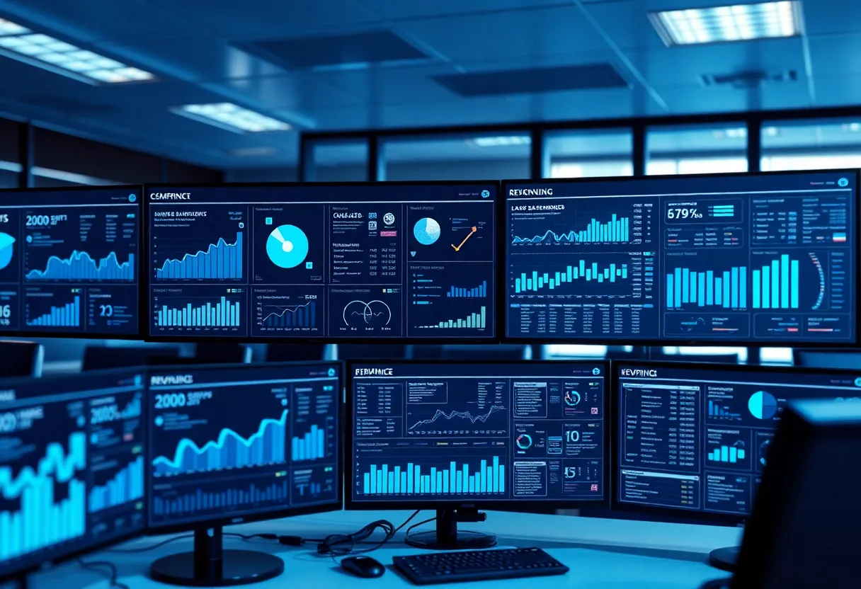 Advanced data analysis dashboard showing competitive intelligence metrics, keyword rankings, and process automation workflows in a corporate setting + scene: business intelligence center with multiple monitors displaying real-time analytics and automation metrics + color: dominant #0042aa with white, light blue accents and gradient overlays + style: clean flat design illustration, professional, minimalist + safety: absolutely no text, no words, no letters, no numbers, no typography, no labels, no captions, no signs with writing